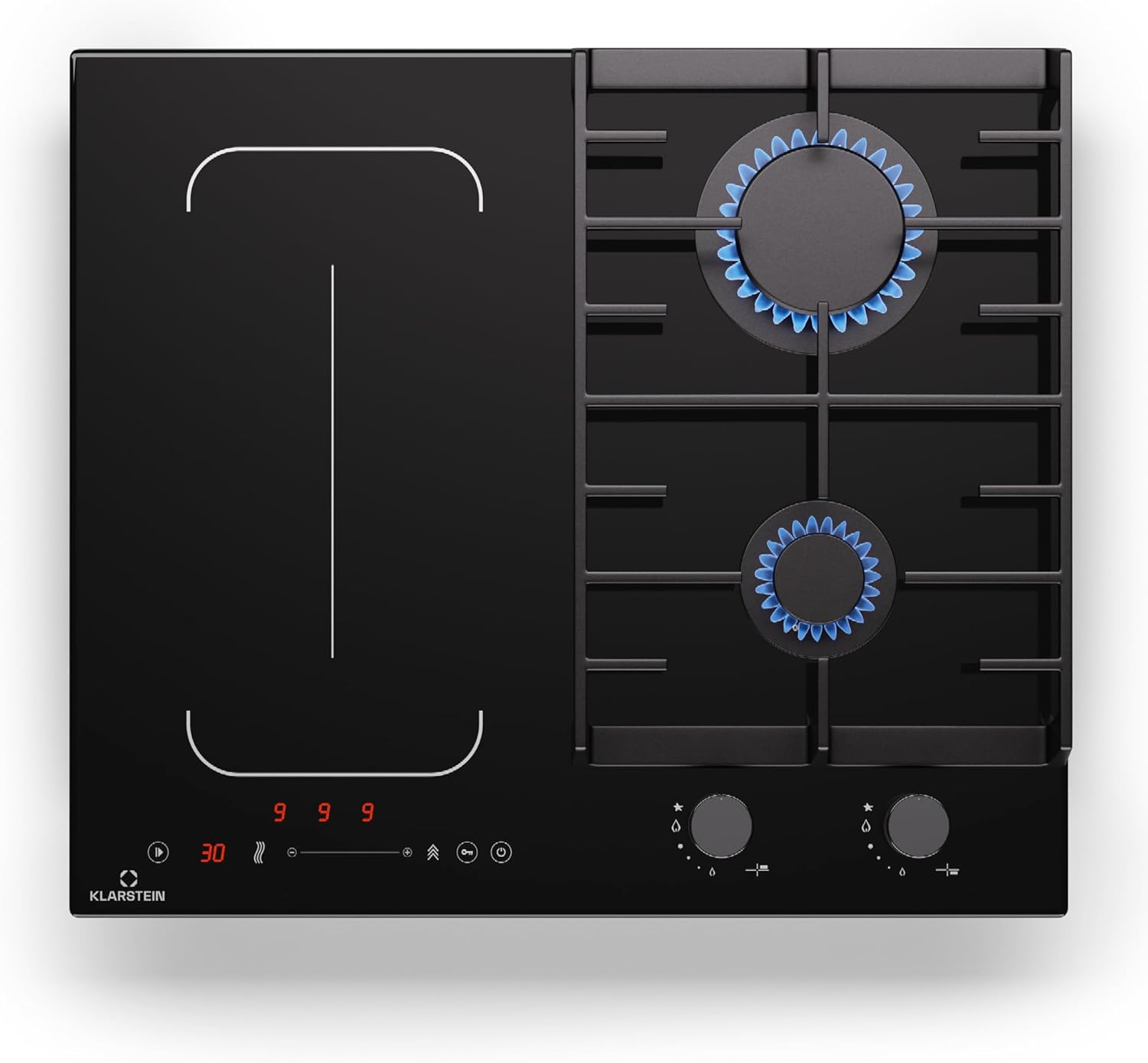 KLARSTEIN MultiChef 4 Plaque Induction Et Gaz, 4 Zones, 2 Gaz & 2 Induction, 7Kw, 58, 5Cm, Supports En Fonte Noir, Flexzone, Stop&Go