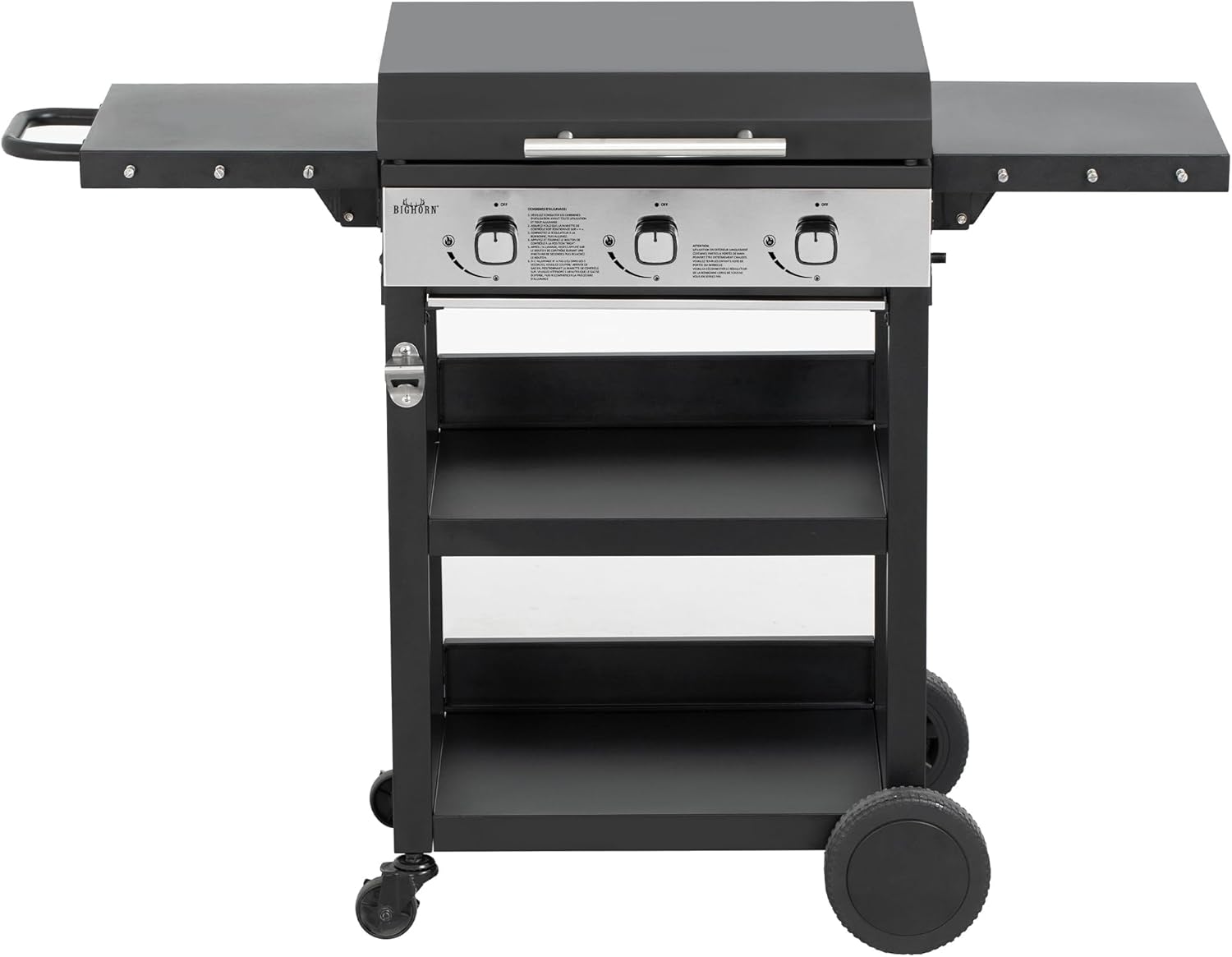 BIG HORN, BIGHORN Plancha gaz de 3 brûleurs avec chariot et couvercle, 7.2kw, Noir/Argent