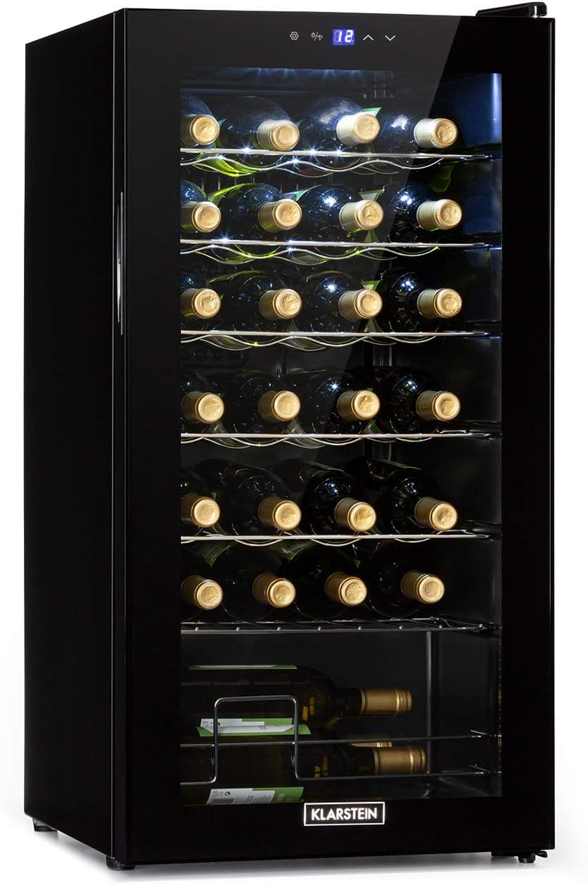 Cave à vin, 74 L, LED, Cadre Inox – KLARSTEIN, 28 Bouteilles, 1 Zone, 5–18 °C, Réfrigérateur à Vin Pose Libre, Porte Vitrée