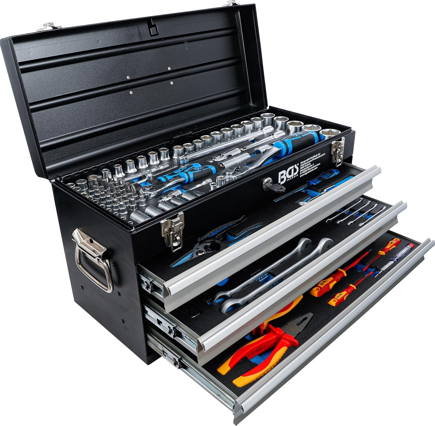 BGS Caisse à Outils métallique, avec 147 Outils, Noir/Argent/Bleu/Rouge, 3350, 3 tiroirs