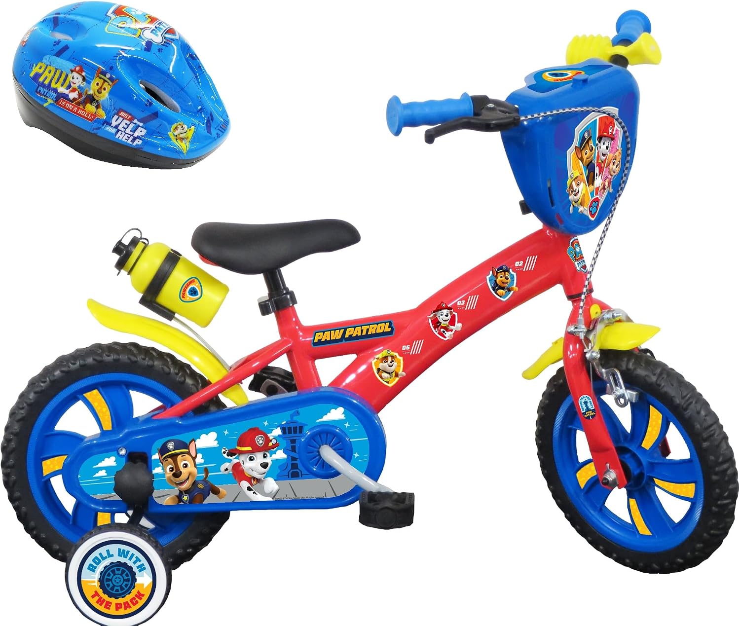 VTT – Vélo ATLAS, Rouge/Bleu/Jaune/Noir, Plaque Avant décorative, Garde boues, Carter, stabilisateurs + Casque de la Pat Patrouille Orange ou Bleu