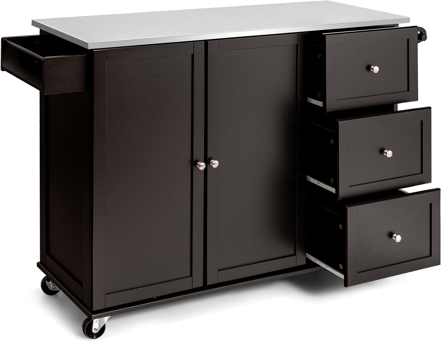 KOMFOTTEU, Îlot Central Mobile avec Plan de Travail en Acier Inoxydable, Chariot de Cuisine avec 3 Tiroirs, 135 x 45, 5 x 91, 5 cm, Brun/Argent
