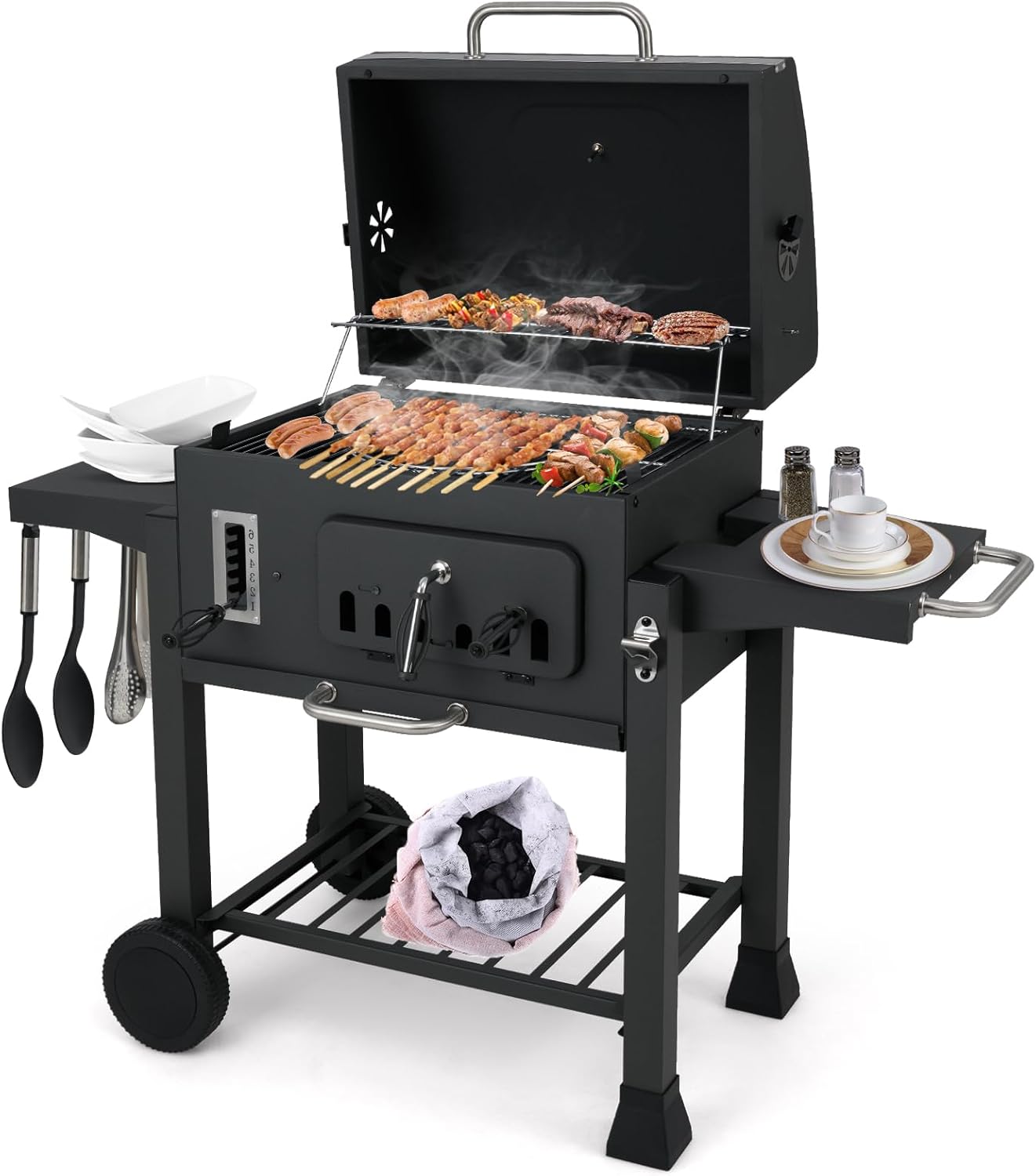 KOMFOTTEU, Barbecue à Charbon, Grille de Barbecue en Métal avec Réservoir à Charbon de Bois à 6 Compartiments, Noir, &Thermomètre