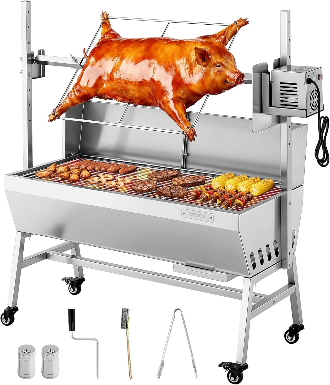VEVOR, Barbecue à Charbon avec Tournebroche Électrique 38 W, Rôtissoire à Charbon de Bois Capacité de Charge 60 kg, pour Agneau Porcelet