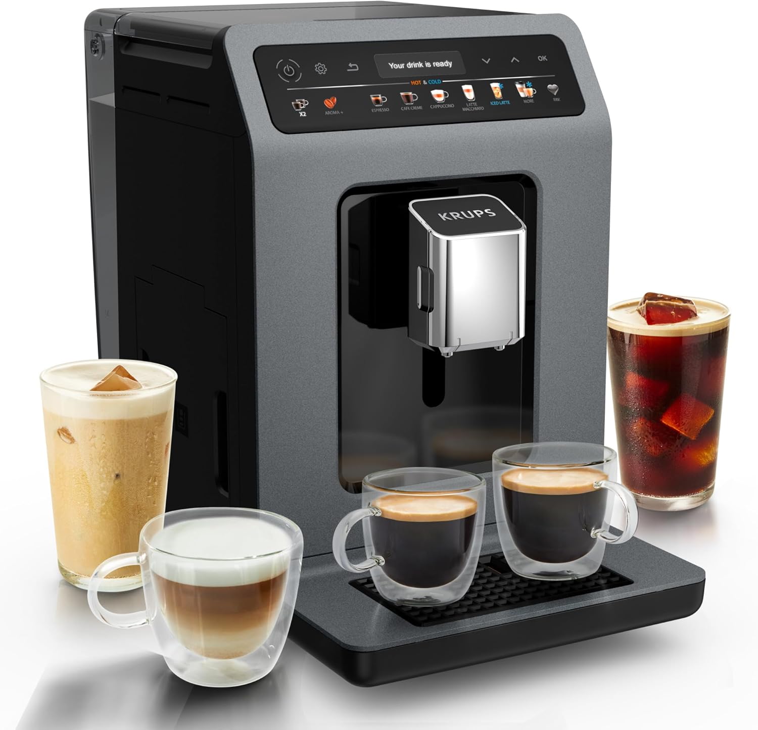 KRUPS EA898GF0 Cafetière et machines à expresso, 18 recettes chaudes et froides, Gris/Noir, EA898GF0, Gris, espresso