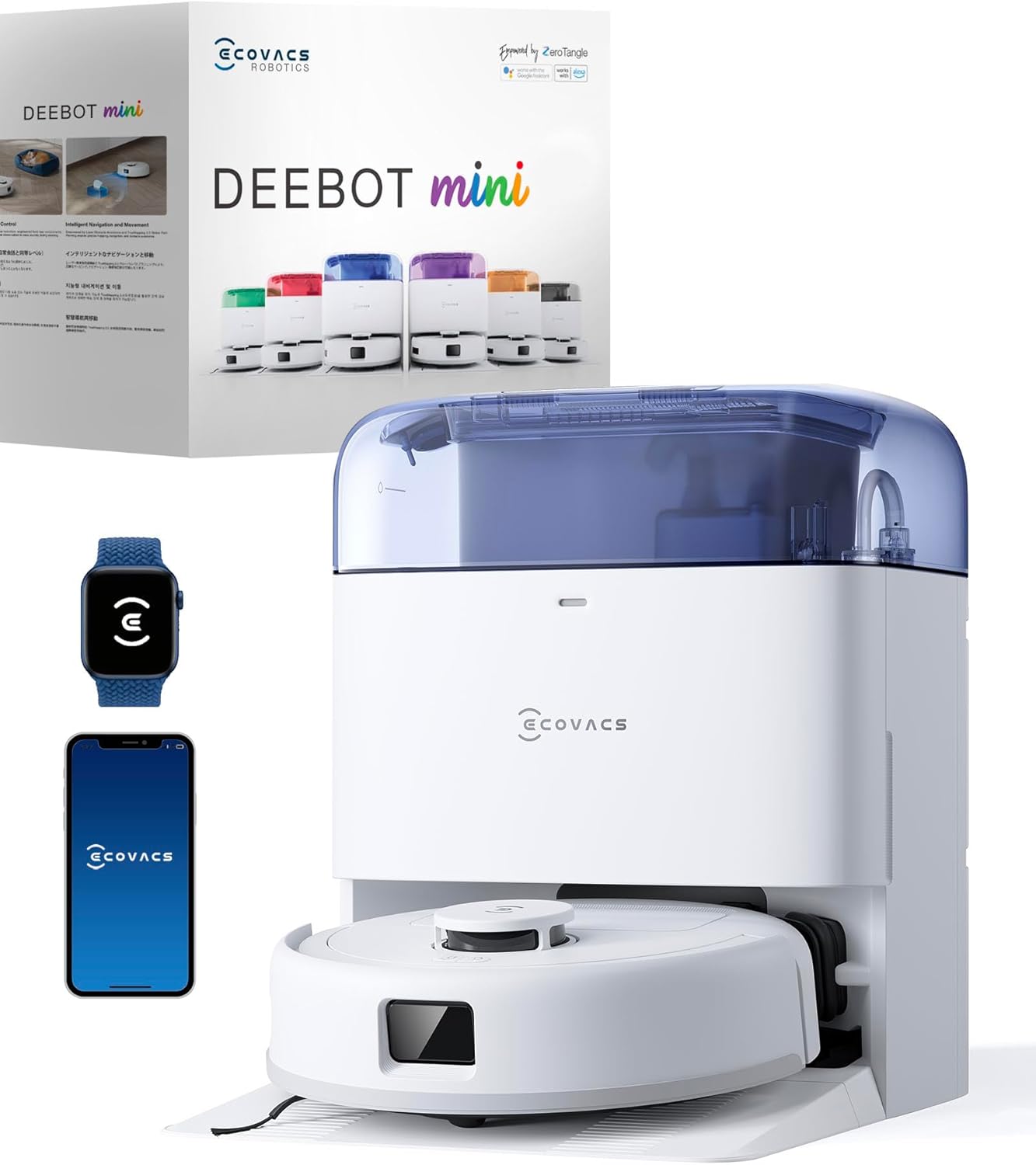 ECOVACS DEEBOT Mini Aspirateur Robot, Aspiration 9 000 Pa, Blanc/Bleu, ZeroTangle 2.0, TrueMapping 2.0, séchage à 45 °C, vidage Auto, Bleu
