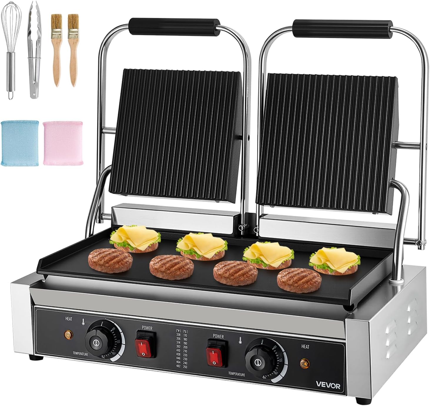 VEVOR, Grill électriques, Double Presse à Panini avec Plaque de Cuisson Émaillée de 48, 5x23 cm, pour Hamburger, Noir/Argent, Steak, Cuisine