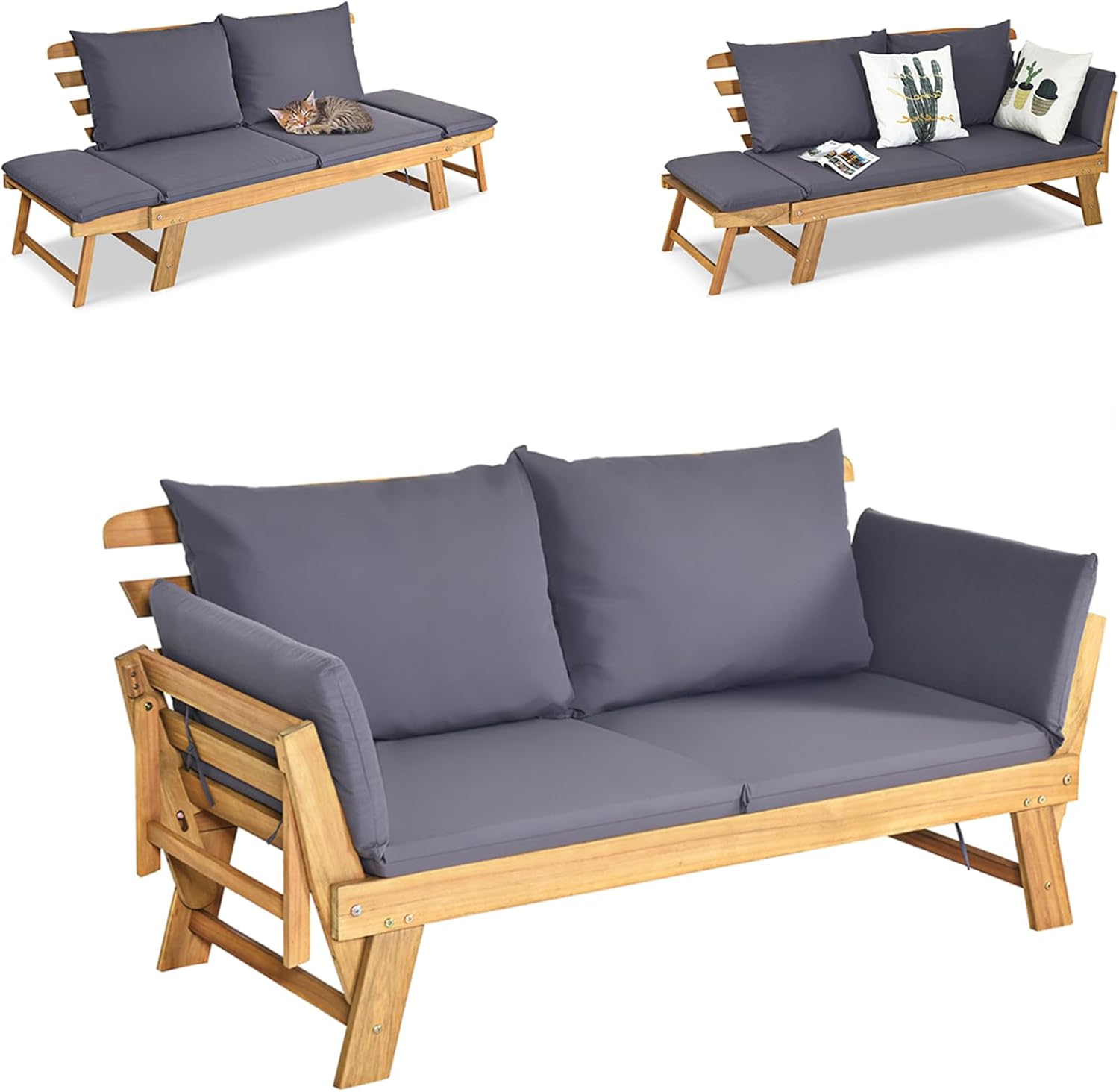 Canapé de Jardin en Bois d'acacia, 2 Places, Sofa de Jardin avec Accoudoirs Inclinables – KOMFOTTEU, 157-198 x 75 x 75 cm, Gris, pour Terrasse