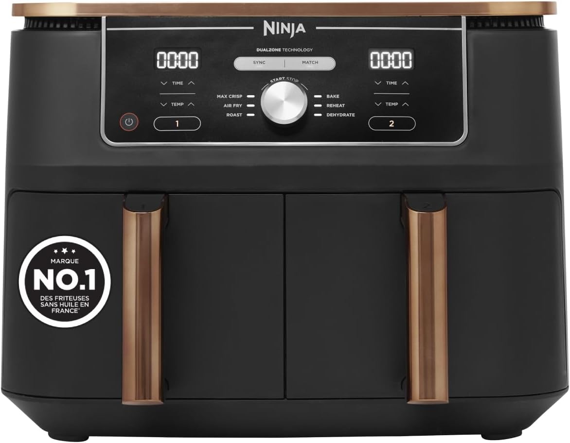 Friteuse sans huile, 9, 5 L – NINJA, 2 tiroirs, 6-en-1, AF400EUCP, cuivre/noir, Foodi MAX Dual Zone Air Fryer, Air Fry, Max Crisp, rôtir, cuire