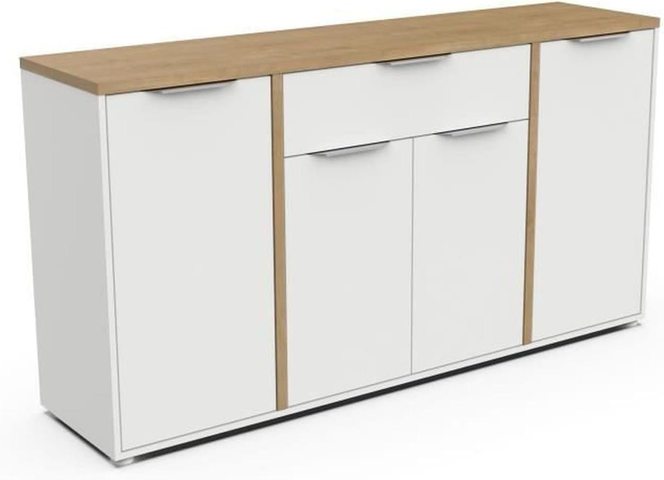 Buffet Moderne 4 Portes & 1 Tiroir, 160, 7 x 39, 6 x 85, 6 cm, Blanc/Chêne – Demeyere, Coloris Blanc Mat & Chêne Hamilton, Style Scandinave