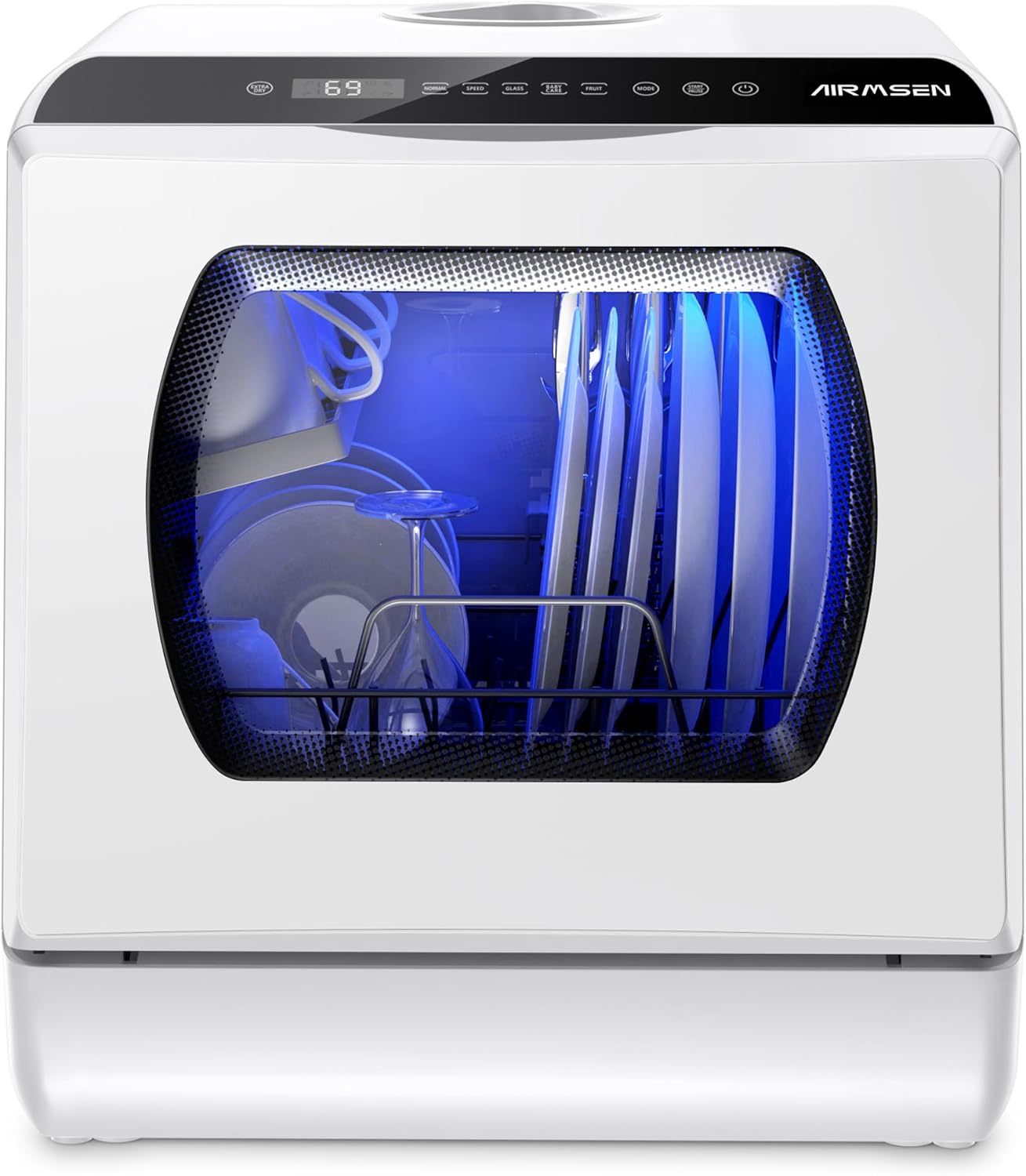 AIRMSEN Mini Lave-Vaisselle de Comptoir, 5+1 Programmes, Contrôle Tactile et Écran LED, Adapté pour les Cuisines Familiales, Blanc