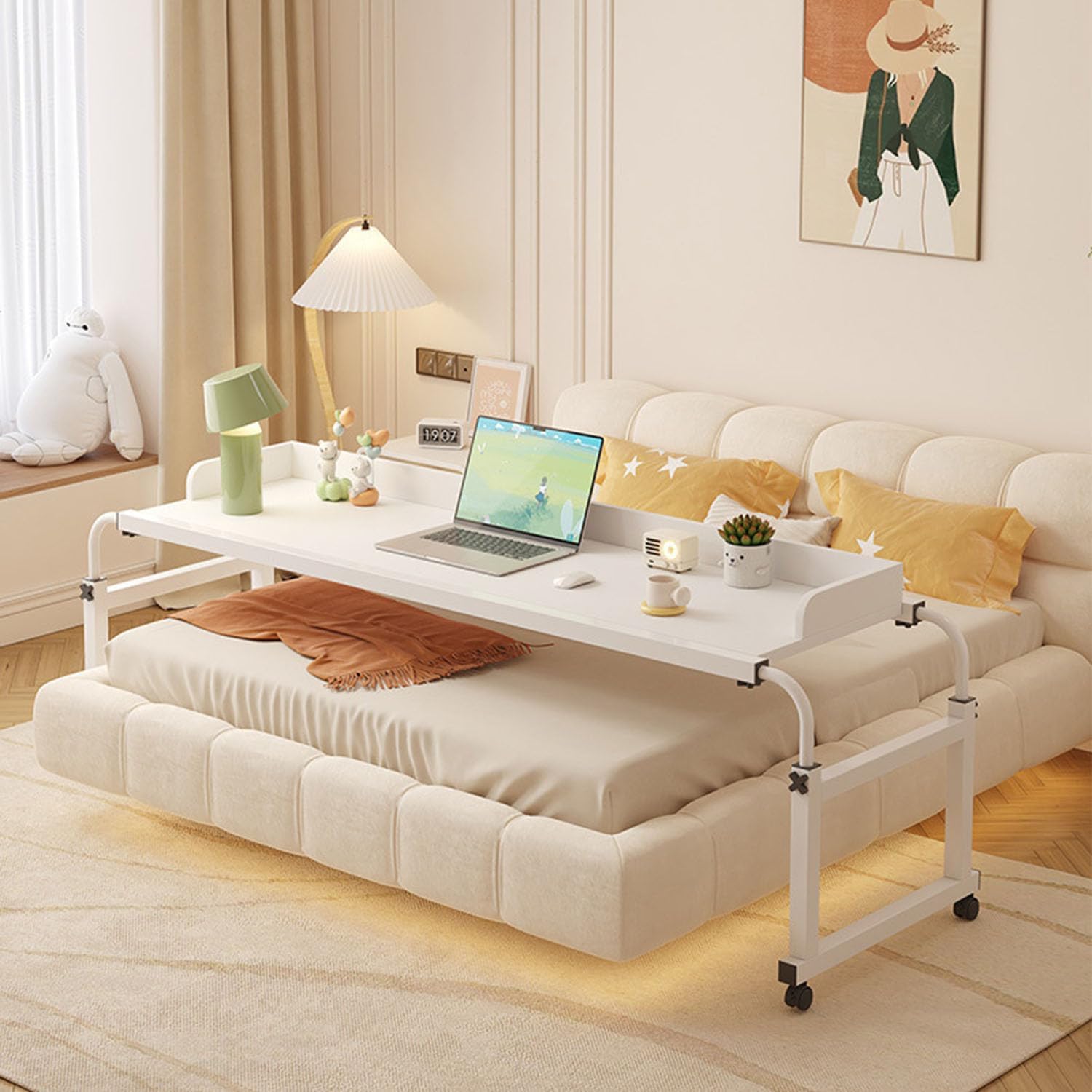 Table de chevet, Table De Lit Roulante Réglable, Color:blanc, Blanc – LIJBDDM