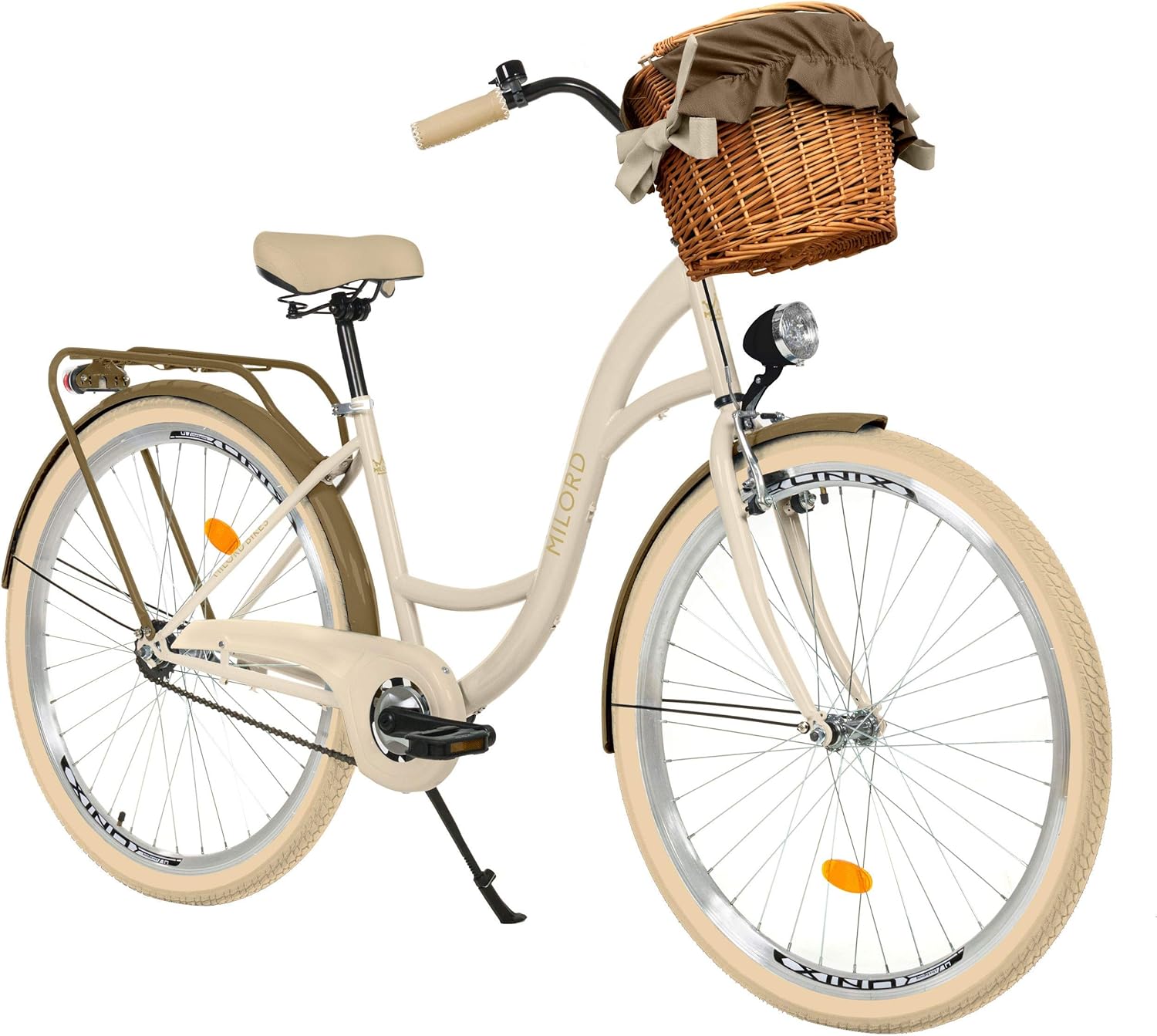 MILORD, vélo de Ville, . Vélo Confort Brun crémeux à 1 Vitesse de 28 Pouces avec Panier et Porte-Bagages arrière, vélo pour Femme, rétro