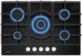 BELDEKO Plaque gaz 5 feux en verre noir, 10 800 Watts encastrement 56x49 cm, Brûleurs et grilles en fonte