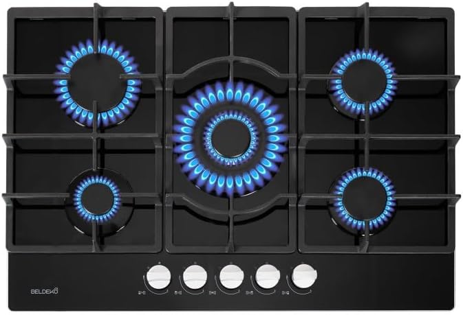 BELDEKO Plaque gaz 5 feux en verre noir, 10 800 Watts encastrement 56x49 cm, Brûleurs et grilles en fonte