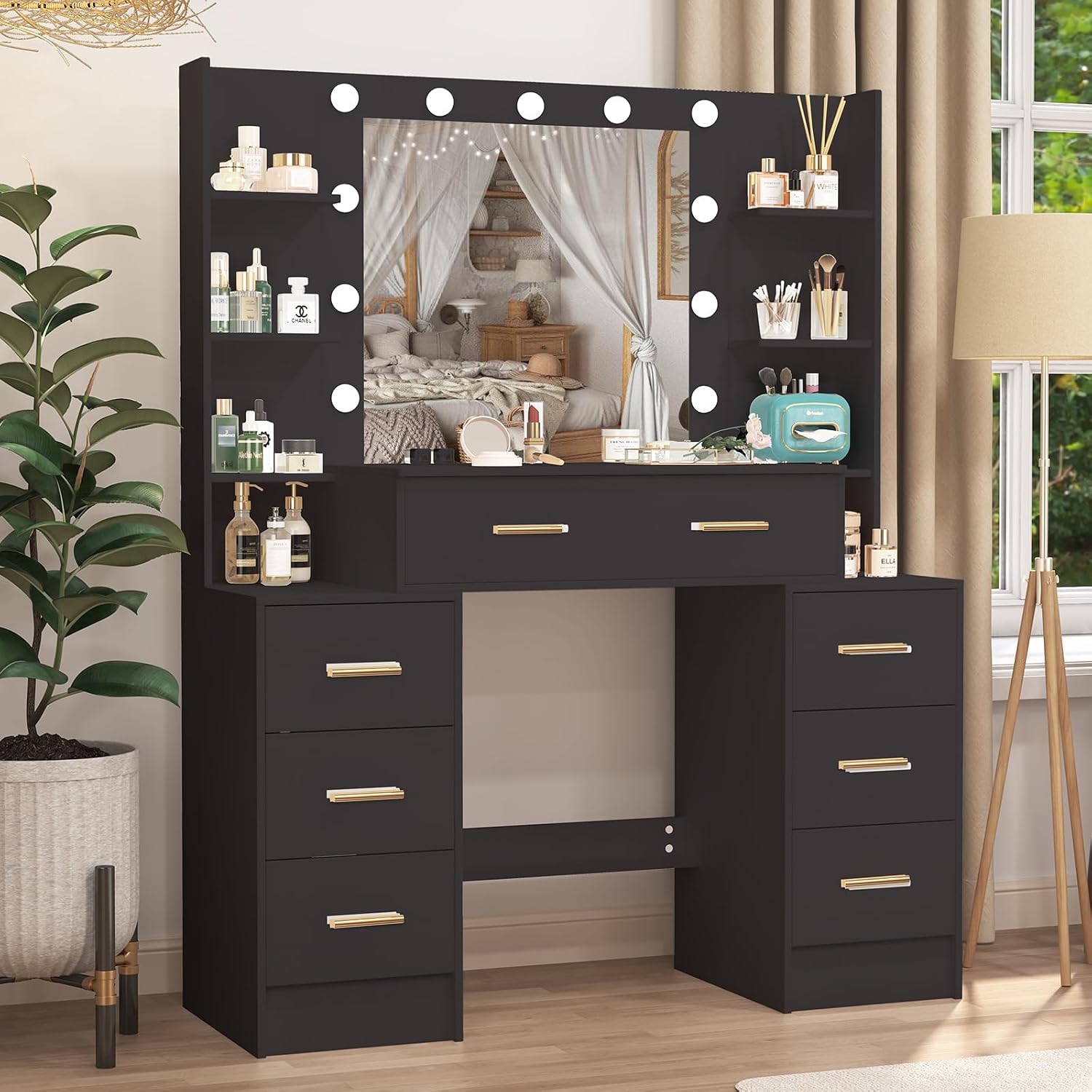 Coiffeuse avec éclairage et miroir, 110 x 40 x 140 cm, pour chambre à coucher – Puselo, 7 tiroirs, 8 étagères, noire