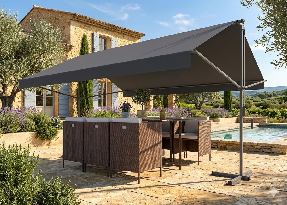 Store Banne Double Pente 4x3m Manuel ISEO Gris, Protection Jardin & Terrasse avec Manivelle, Toile Waterproof 250g/m2 Hydrofuge & Anti-UV
