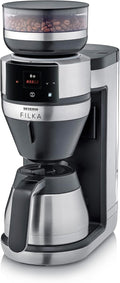 Severin Cafetière filtre automatique FILKA verseuse isotherme, KA 9695, Cafetiere avec broyeur, Inox/Noir, Noir/Argent, tasse, verseuse