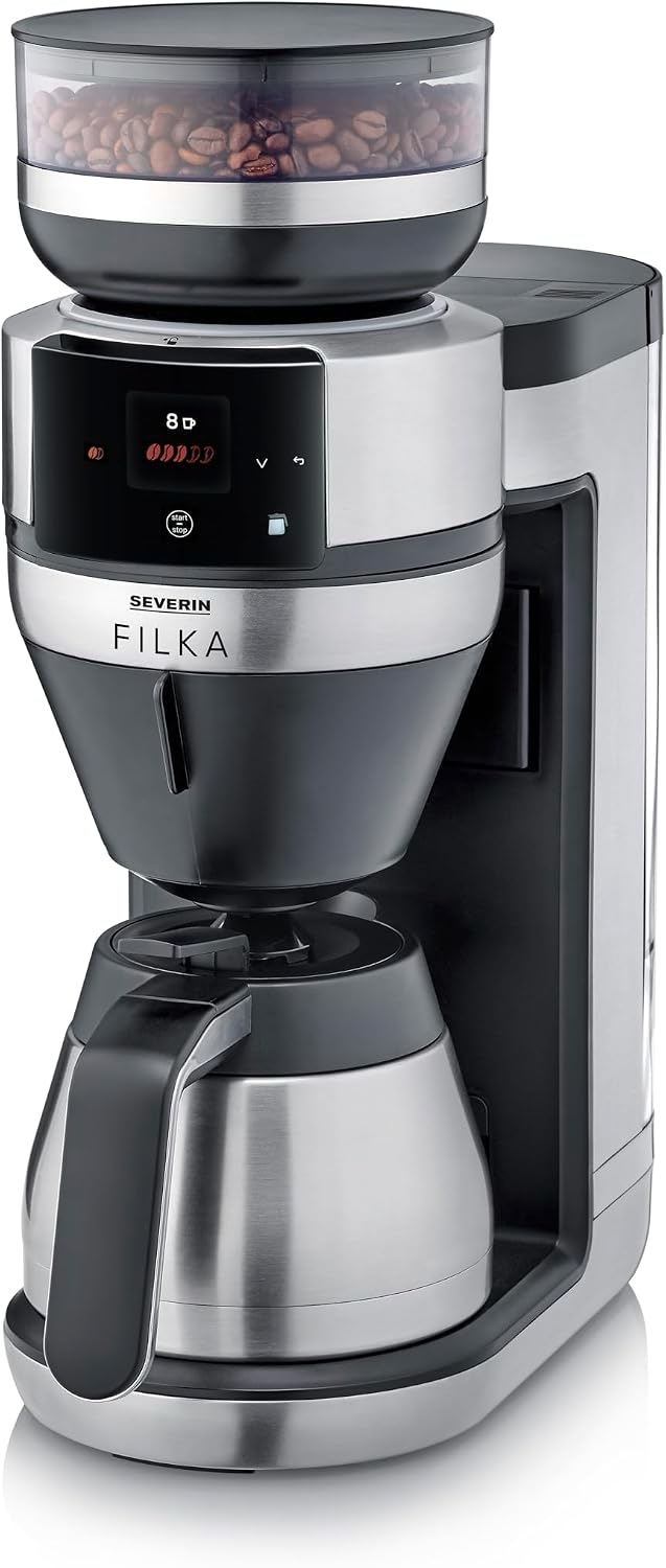 Severin Cafetière filtre automatique FILKA verseuse isotherme, KA 9695, Cafetiere avec broyeur, Inox/Noir, Noir/Argent, tasse, verseuse