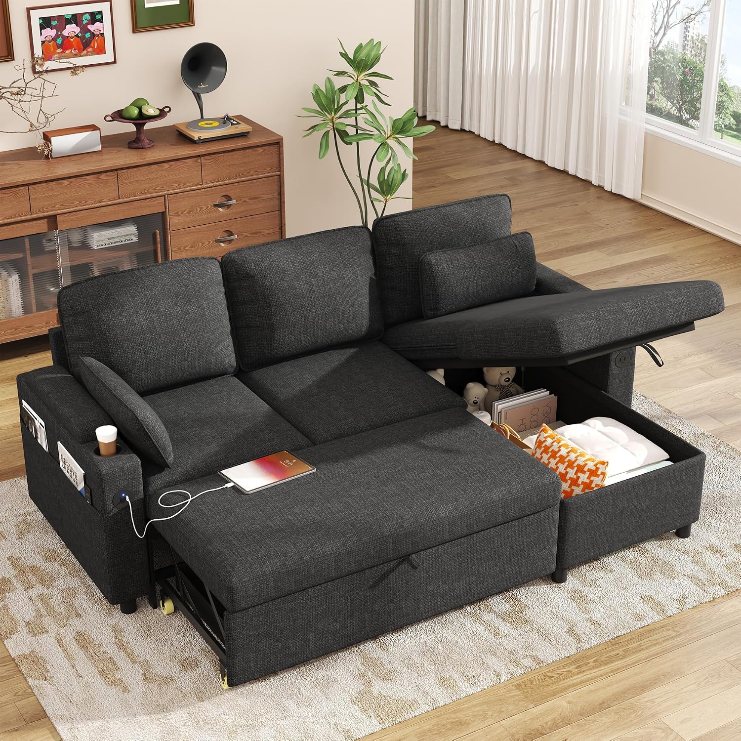 Canapé d'angle Convertible, Canapé Lit 3 Places en L avec Chaise Réversible, Gris Foncé – DURASPACE, Canapé avec Rangement