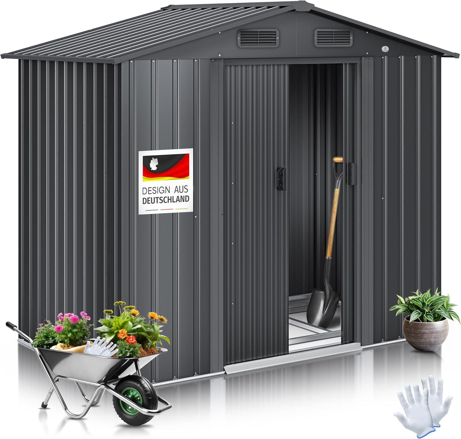 ® Abri de Jardin XL en métal de 4, 2 m3 avec Fondation, abri de Jardin, 182 x 118 x 186 cm – KESSER, 2 Portes coulissantes, Gants de Travail, Armoire