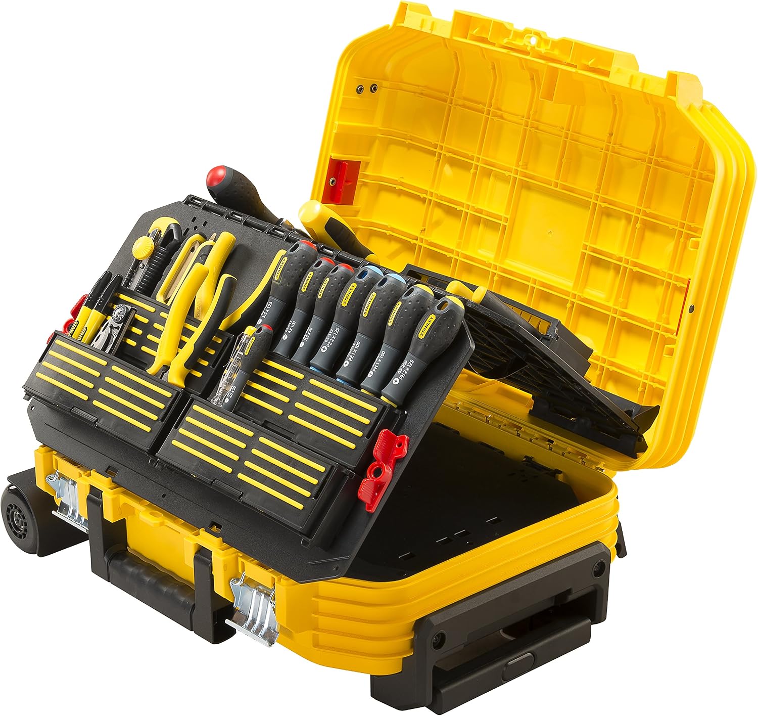 STANLEY FATMAX Boîte à outils, Télescopique Avec Revêtement Caoutchouc 104 Pièces Multicolore, Renforcée En Fibre De Verre, Jaune/Noir, Poignée